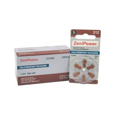 ZeniPower Child Resistant Packaging hearing aid batteries, box of 60 batteries
