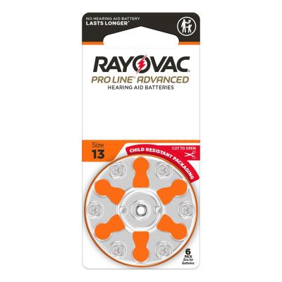 Rayovac Pro Line Advanced hearing aid batteries, size 13 in child resistant packaging