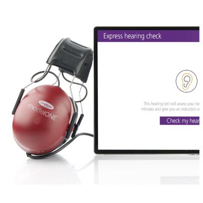 Amplivox BEEP Standard showing noise cancelling headphones with modelONE audiometer installed