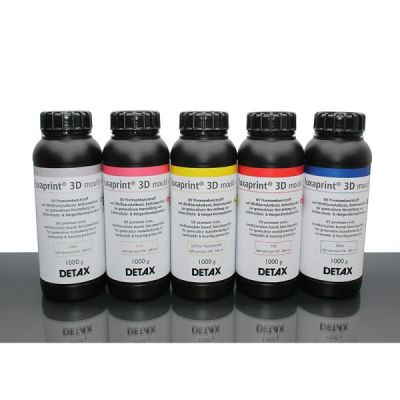 Detax Luxaprint 3D mould resin showing colors in 1000 g bottles