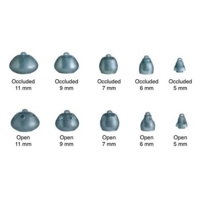 Starkey Comfort Buds showing sizes 5 mm through 11 mm in open and occluded styles