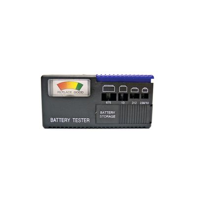 small hearing aid battery tester with meter reading and storage compartment